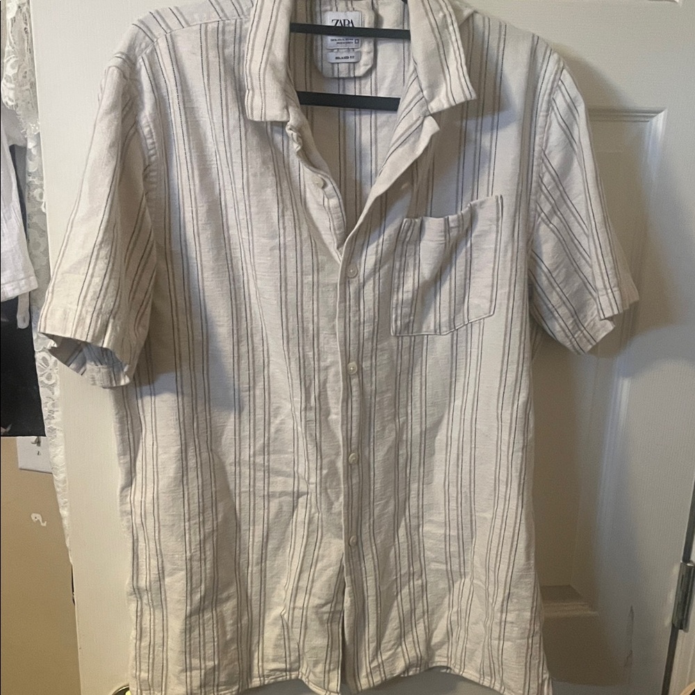 Zara Men's Casual Striped Button Down Shirt - Cream and Gray